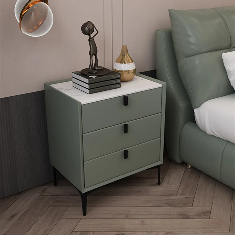 Nordic Style Solid Wood Bedside Table Faux Leather Nightstand with 3 Drawers And Sintered Stone Top for Bedroom