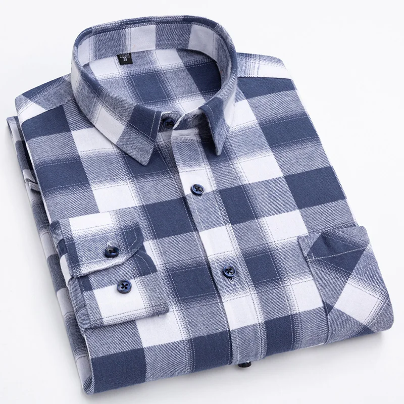 Plaid Shirt Luxury Men's Long Sleeve Social Regular Fit Leisure Soft Smart Casual Flannel 100% Cotton Checked with Front Pocket