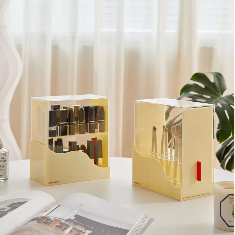 

Acrylic Makeup Brush Holder Dust-Proof Double Layer with Side Door Design Large Capacity Lipstick Makeup Organizer