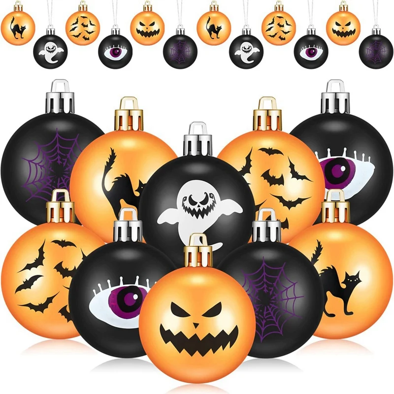 12Pc Halloween Tree Ball Oranment Ghost Spider Web Cat Printed Hanging Halloween Decor Hanging Glitter Ball Oranment Decorations