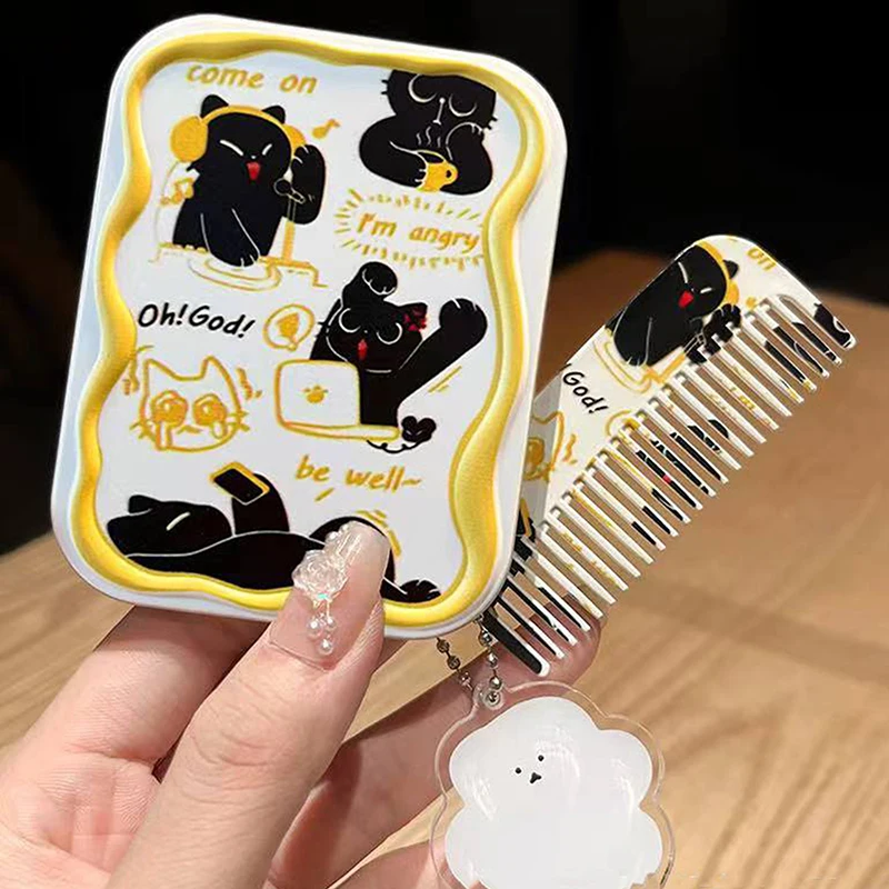 Cartoon Black Cat Pattern Flip-Top Folding Makeup Mirror Portable Pocket Mirror Rectangle Cosmetic Mirror With Comb For Women