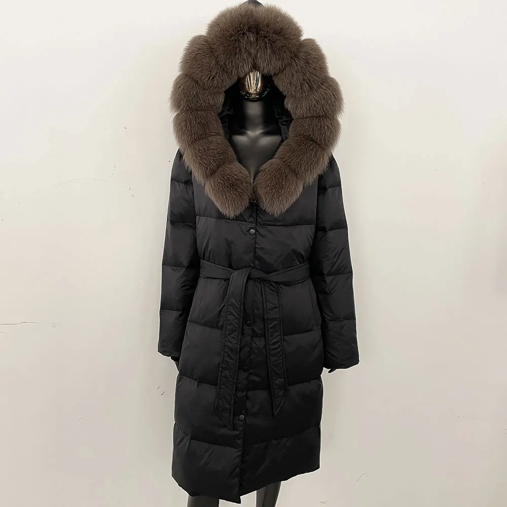 Large Natural Raccoon Fur Hooded Elegant White Duck Down Coat Women Winter Long Down Coat Parkas Female Thick Real Fur Jackets