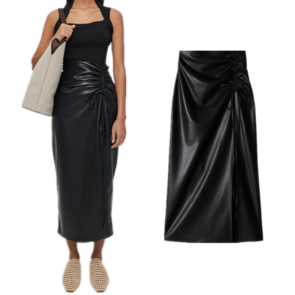 

Минималистичная юбка Maxdutti из мягкой протеиновой кожи с высокой талией, женская одежда, юбки Faldas, женская одежда 2026