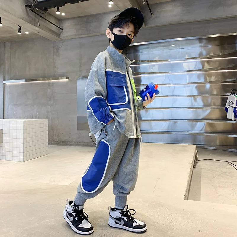 Korea Spring Autumn Junior Boy Sport Suit Teenager Boy Contrast Zipper Sweat Jackets+Sweatpants Child Jogger Workout Set 5-14Yrs