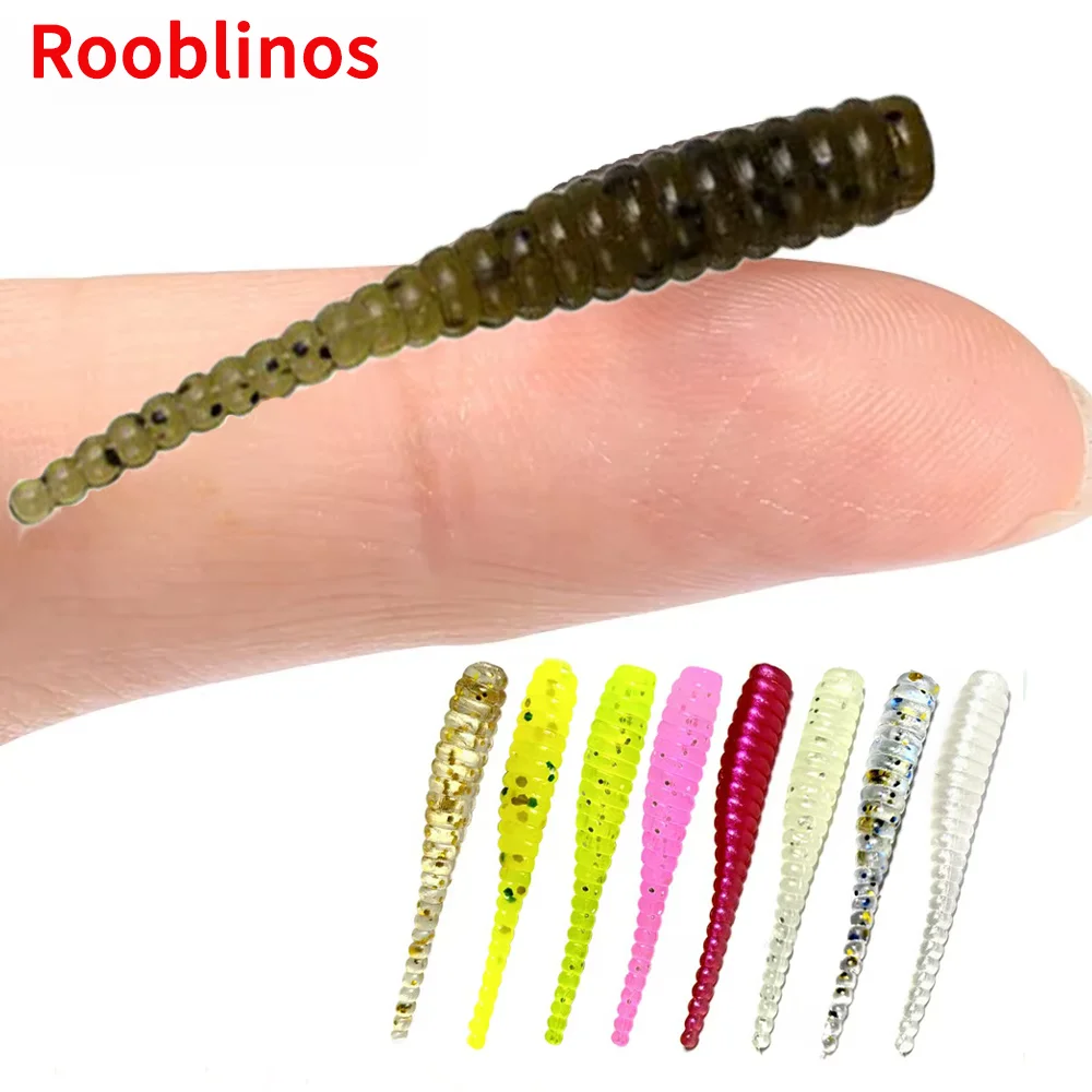Rooblinos 20pcs Single Needle Tail Worm Micro 35mm Fishing Lure Ajing Small Rockfish Silicone Isca Artificial Bait Luminous Jig