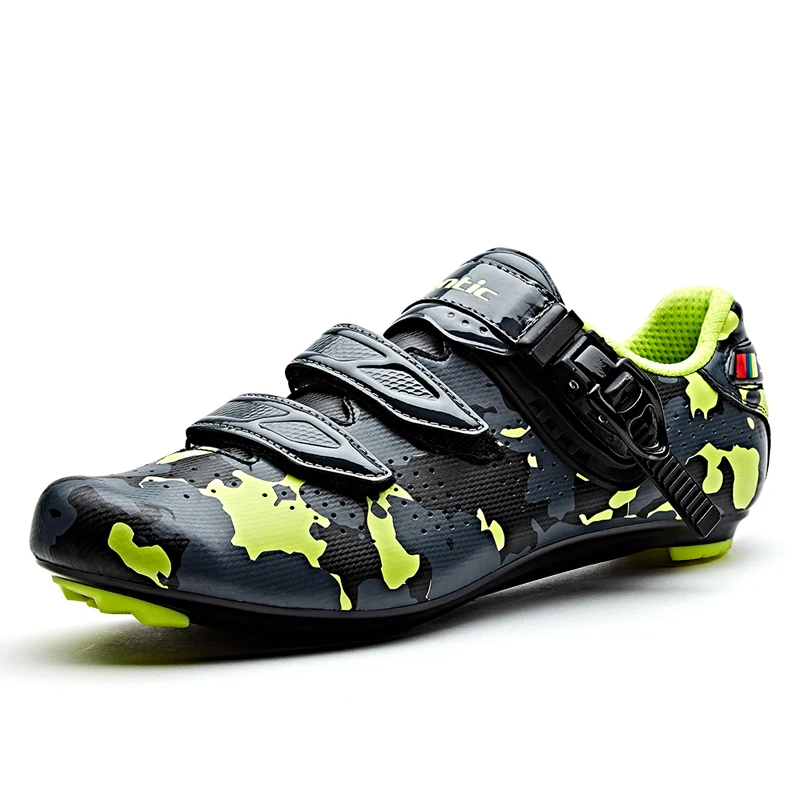 Santic Men's Cycling Lock Shoes Camo Outdoor Road Riding Sneakers Wear Resistant Nylon Sole Professional Road Bike Bicycle Shoes