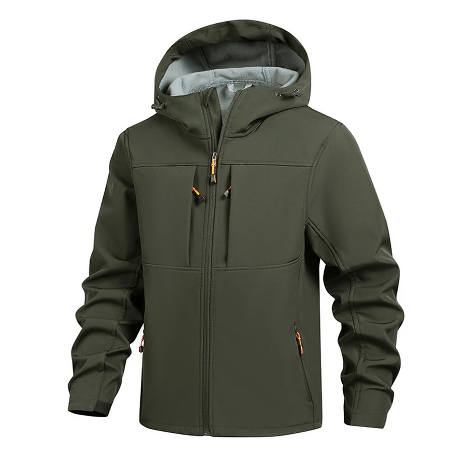 Autumn Fleece Windbreaker Jacket Men Fashion Casual Solid Color Waterproof Jacket Coat Male