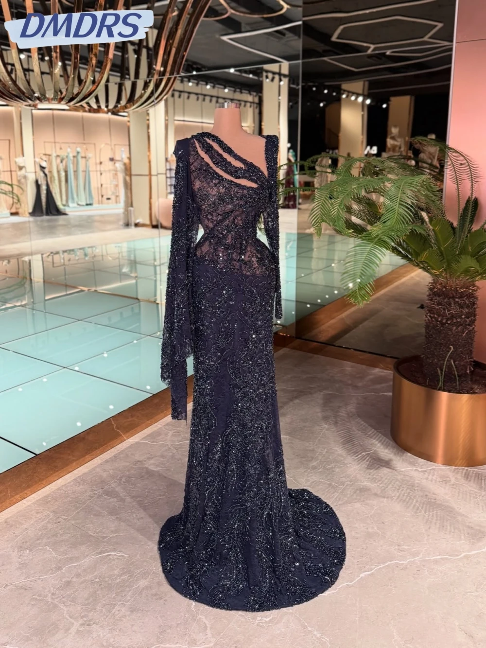 

Shiny Embroidery Beaded Lace Long Evening Dress Illuison Long Sleeve Wedding Party Gown Customized Luxury Mermaid Prom Dresses
