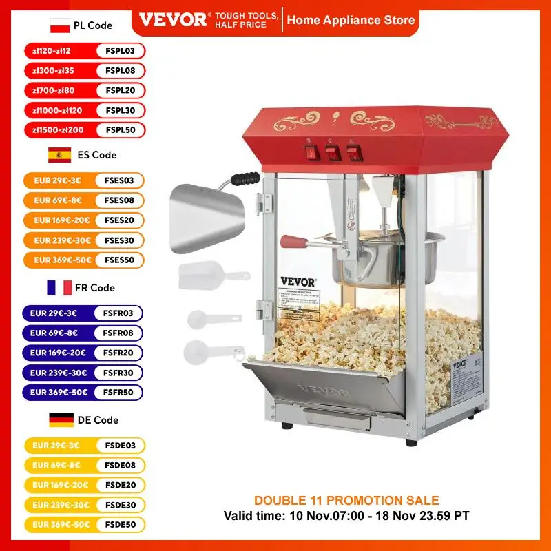 VEVOR Commercial Popcorn Machine, 8/12 Oz Kettle, Countertop Popcorn Maker ,Theater Style Popper with 3-Switch Control , Red