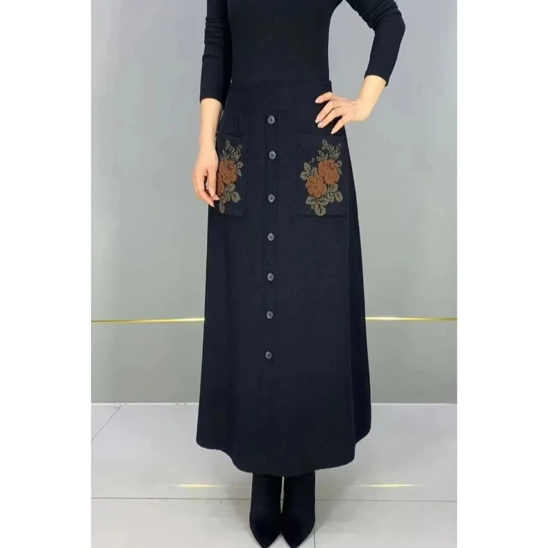 

Карман с высокой талией, средней длины, осень-зима, новый стиль, вязаная темпераментная модная полуюбка в западном стиле, эластичная утолщенная