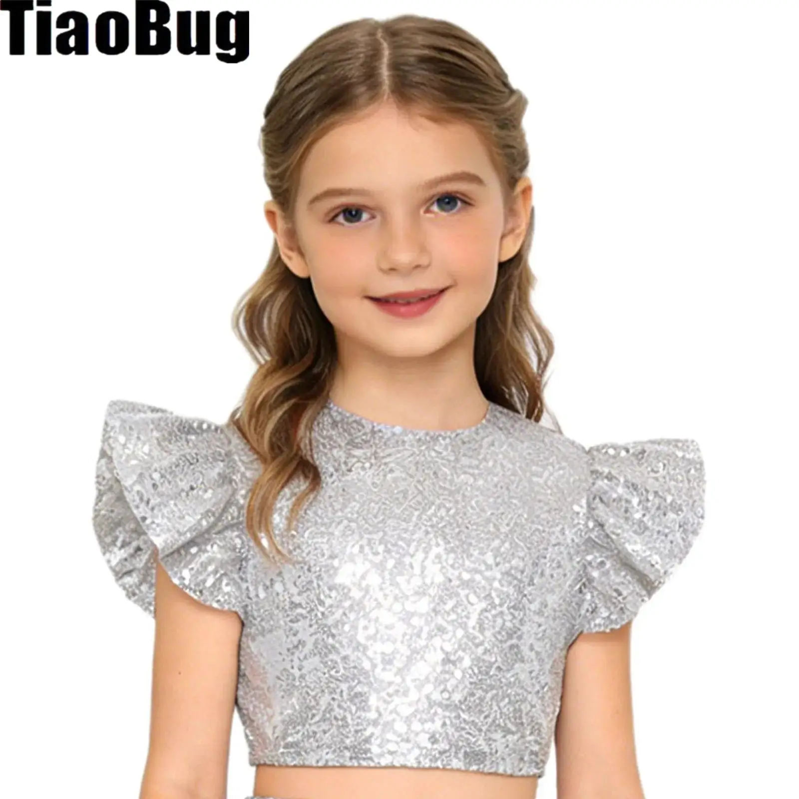 

Kids Girls Glittery Sequins Tops Crew Neck Ruffled Fly Sleeve Back Hidden Zipper Fully Lined Blouse Top for Birthday Party