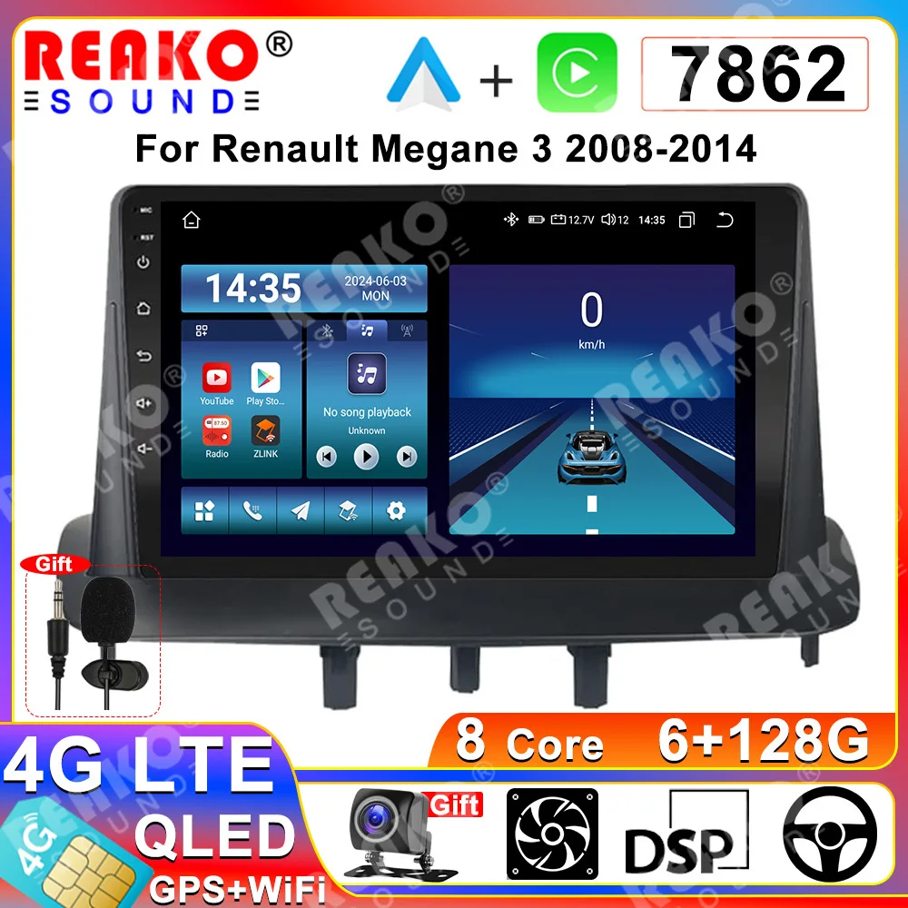 

REAKOSOUND 2Din Car Radio For Renault Megane 3 2008-2014 Multimedia Video Player Wireless Carplay Android 13 Head Unit No DVD