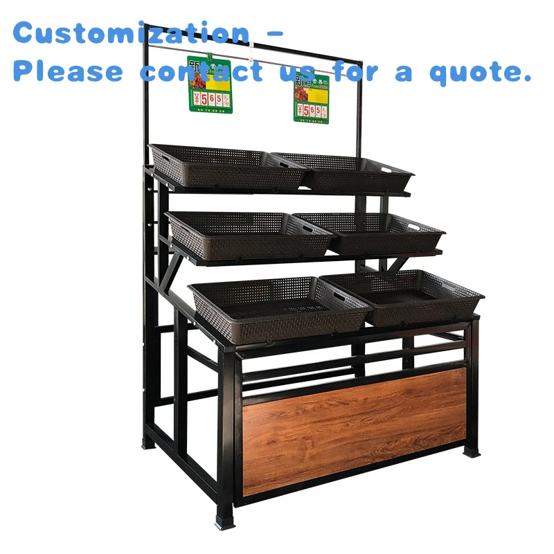 custom.Fruit and Vegetable Rack Supermarket Accessories Three-layer  with Basket