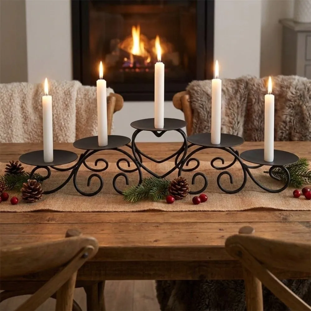 Tabletop Wrought Iron Metal Heart Shaped Candle Holder Romantic Modern Five Headed Candlestick Minimalist Candle Stand Party