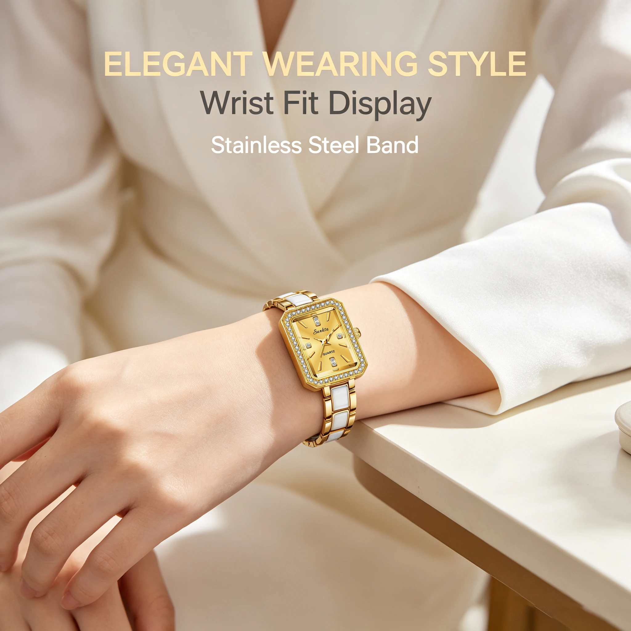 SUNKTA  2026 Luxury Women's Watch Simple Square Full Diamond Digital Quartz Watch Stainless Steel Bracelet Women's Dress Clock