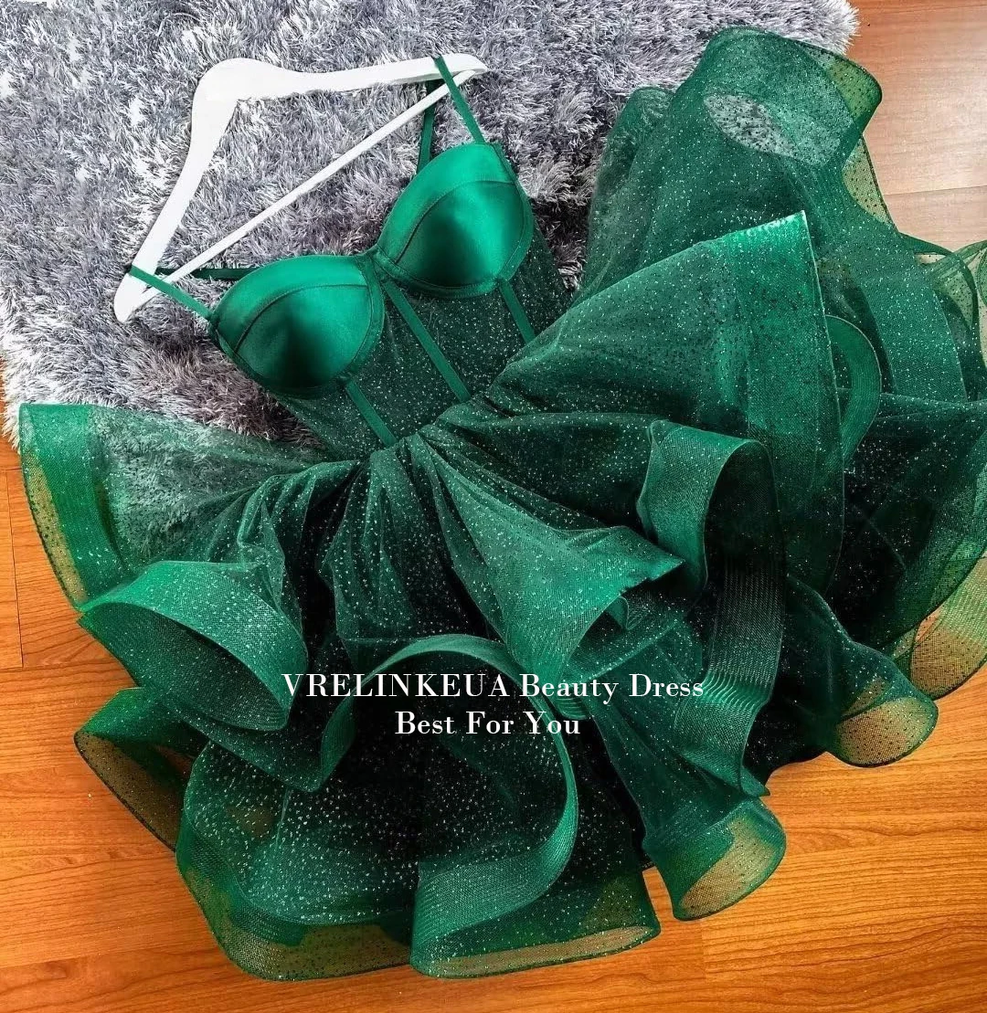 Green Mini Graduation Dress Glitter Tulle Short Homecoming Dresses For Teens Customized Sweet 15 16 Short Cocktail Prom Dress