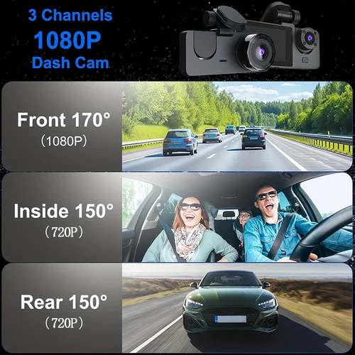 Imagen 2 del producto Cámara de coche con triple lente, WiFi, Dashcam, 2/3 canales, grabadora de vídeo HD 1080P, visión nocturna, DVR para coche con gran angular para frente y Rea
