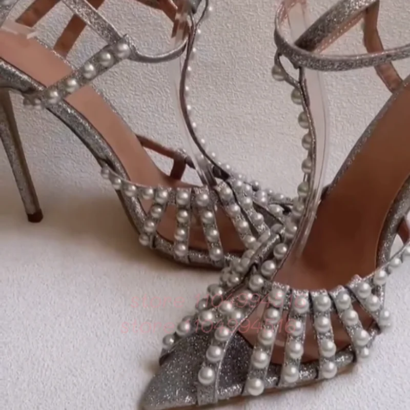 Pearl T Strap Pointed Toe Thin Heels Women Silver Glitter Ankle Strap Sandals Lady Sexy Elegant Cover Heel Party Wedding Shoes