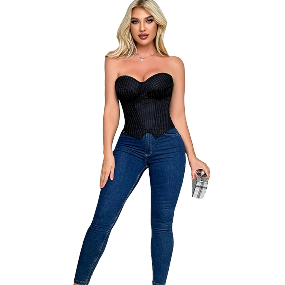 Becirzet Damen Overbust-Korsett mit Reißverschluss, gestreift, Schnür-Bustier, Taillenformer, Bauchkontrolle, Shapewear, Oberteil für Bürodamen – Detail 9