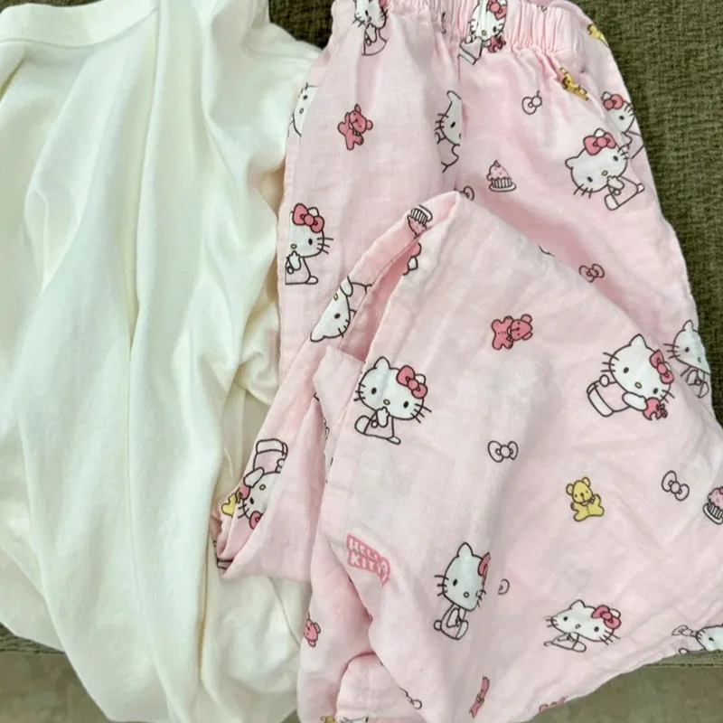 Sanrio Hello Kitty Pure Cotton Pajama Pants Wide Kawaii Kitty Leg Pants Summer Thin High Waist Casual Trousers Girl Gifts