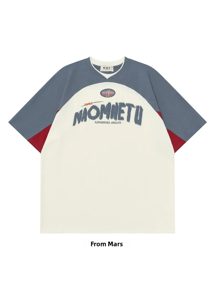 

Футболка свободного кроя с цветными вставками и круглым вырезом, короткий рукав, для пар, в стиле High Street Fashion от Exploration Beginnings Youth