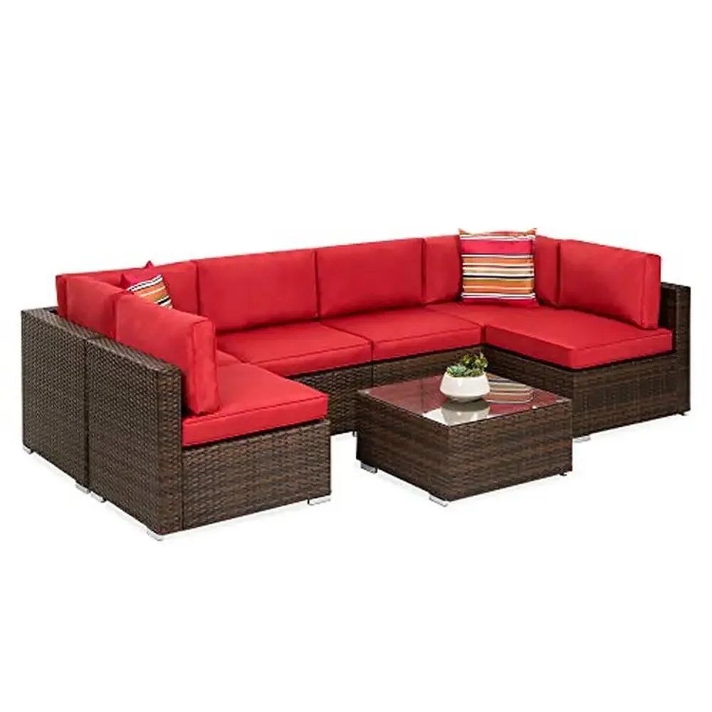 7-Piece Outdoor Sectional Wicker Patio Set with Cushions Pillows Table Cover Brown/Red Color Durable Design Comfortable Modular