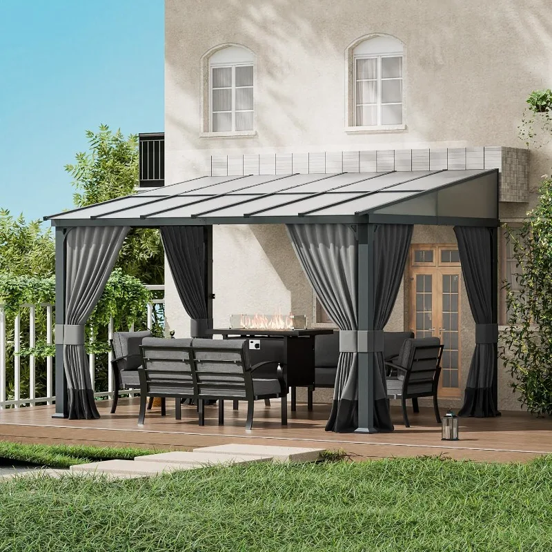 

10x12FT Gazebo, Hardtop Wall Mounted Gazebo with Sloping Sun Panel Roof, Awnings for Patio with Metal Frame, Double Curtains