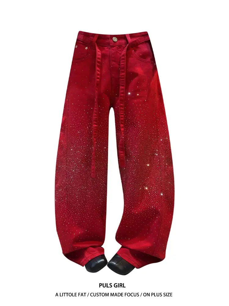 

Retro American Large Size Denim Jeans Women's High Waist Wide Leg Pants Knife Washed Red Diamond Embellished Casual Trou...