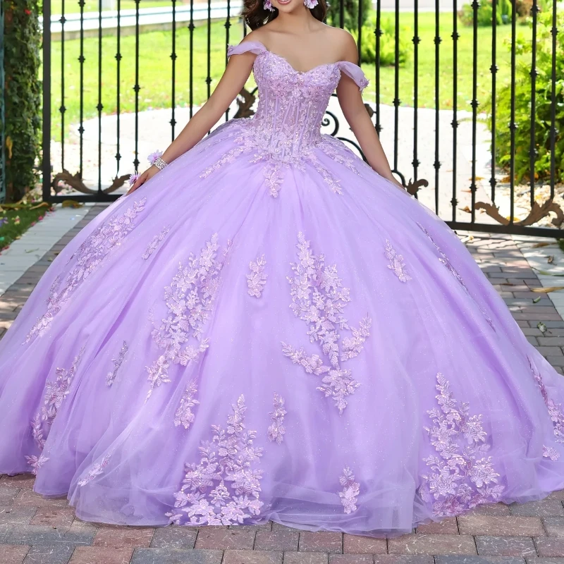 

Light Lavender Shiny Ball Gown Quinceanera Dresses Off the Shoulder Sequin Applique Lace Tull Corset Party Birthday Vestidos 15