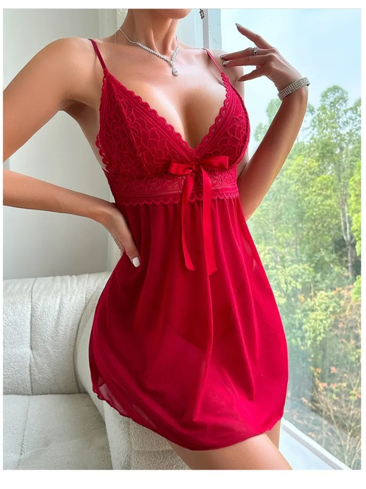 ナイトガウン女性ディープ V ネックレースミニドレス夏 2025 新しいセクシーなメッシュ視点背中の開いたサスペンダー寝間着レディース衣装