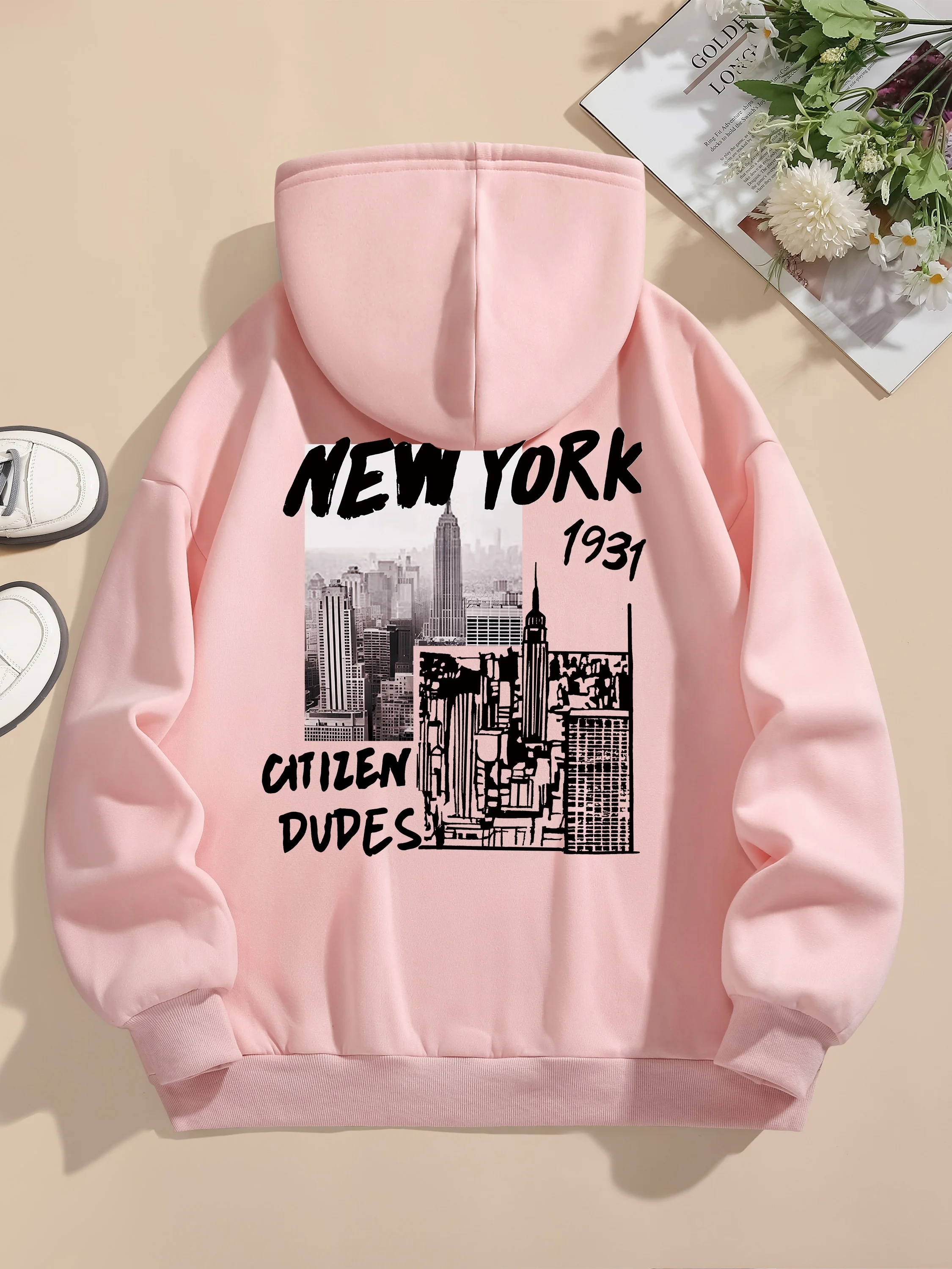 Moletom com cordão de Nova York, moletom casual de manga comprida com ombro caído, roupas femininas