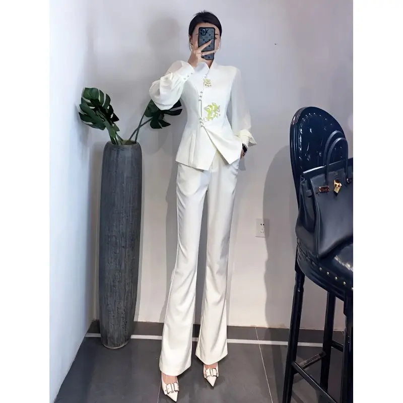 

Women's Chinese Embroidered Standing Collar Blazer Wide Pants Set Vintage Mesh Spliced Embroidered Suit Bell Pants Two Piece Set