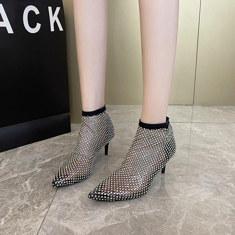 Booties for Women Autumn Shoes Ankle Boots Sexy High Heeled Stripper Sexy Fashion Thin Heels Pointed Toe Luxury Bling Club Short