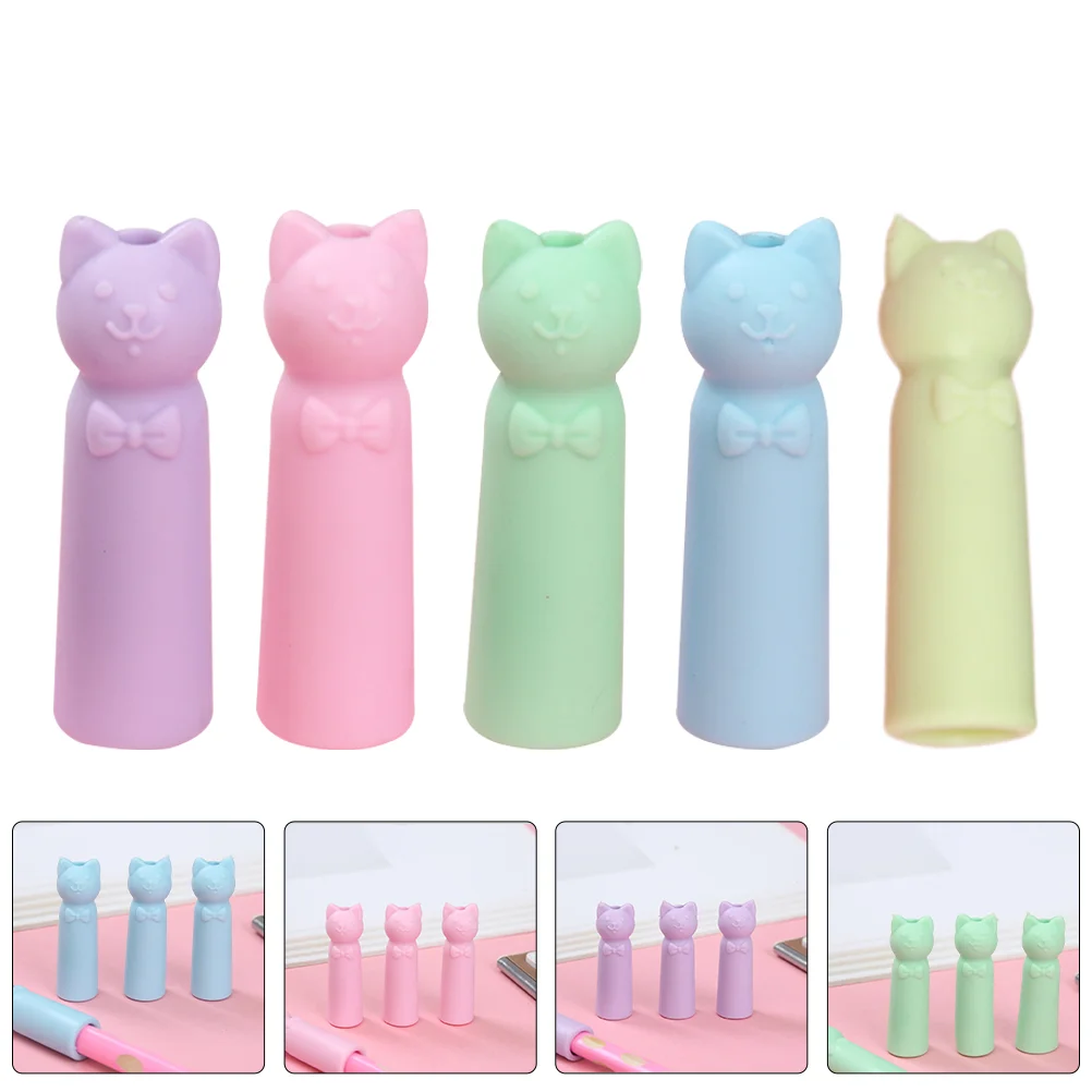 Cat Pencil Hat Lead Pencils Cartoon Extenders Protective Case Silica Gel for Kids