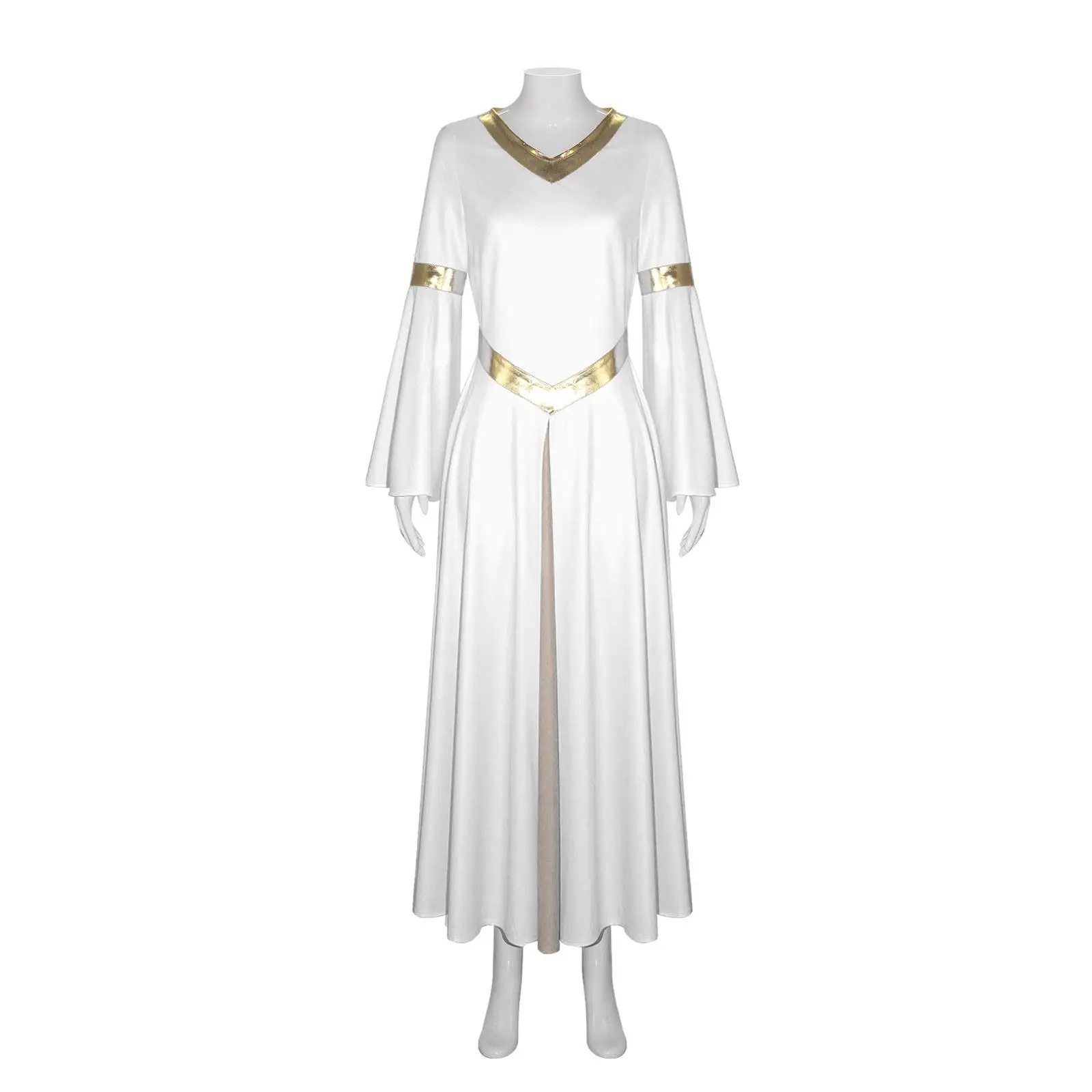 

Women's Long Sve V-Ne Dance Costume Golden Stage Performance Dr Church Length Skirt loween Theme Ensemble