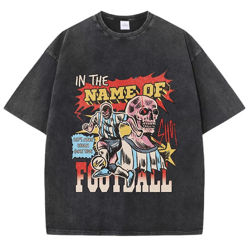 

Cotton Womans Acid Wash T-Shirts In The Name Of Football Prints Tops Oversize Distressed O-Neck Tee Shirts Casual Female Clothes