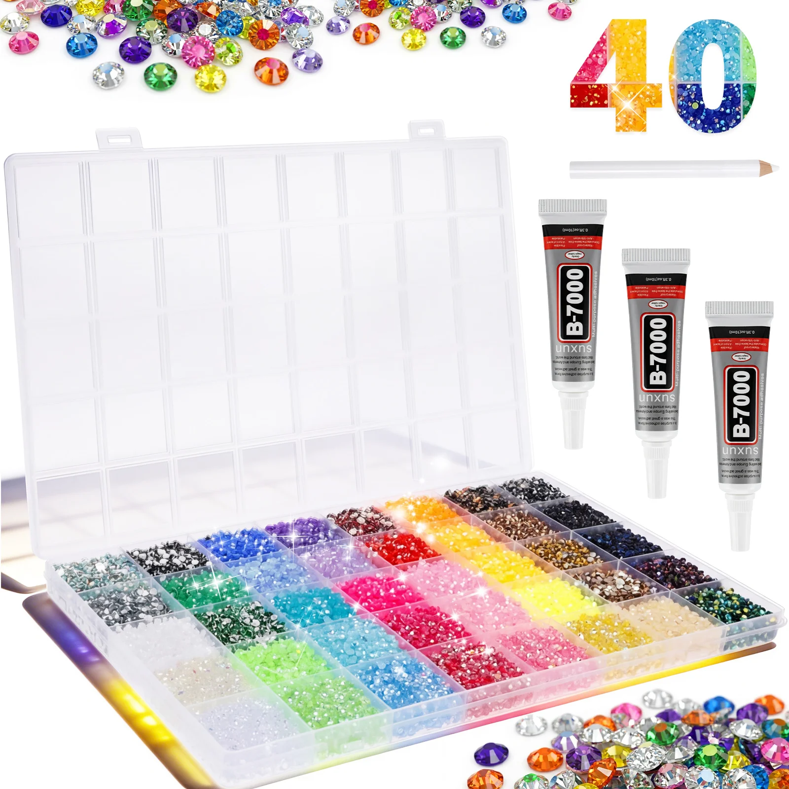 Kit DIY de Strass Coloridos de Resina com 24/28/40 Grades, Strass Flatback para Nail Art e Decoração, com Ponta Aplicadora de Cola e Caneta de Recolha