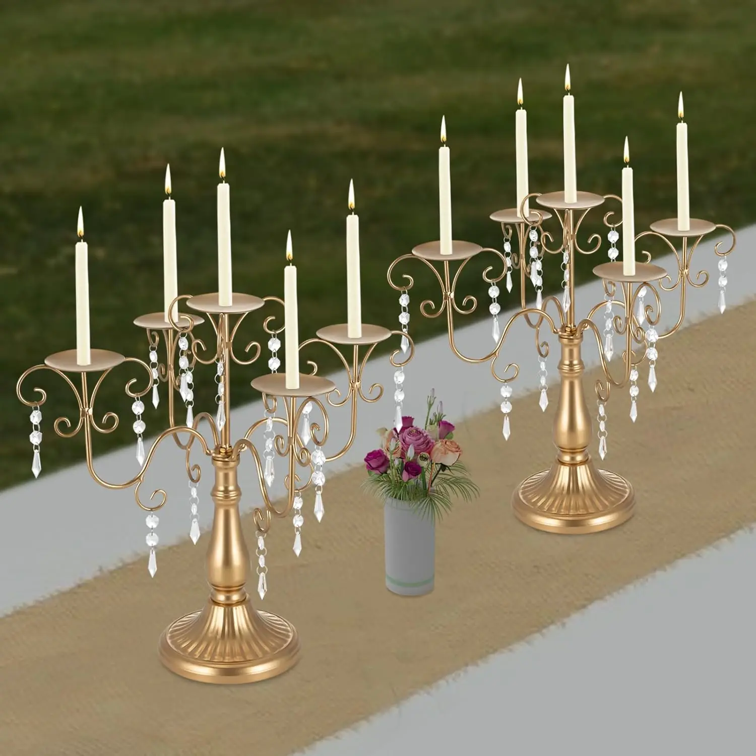 

2Pcs 5-Arm Candle Holder Vintage Candelabra Centerpieces Modern Gold Candelabra Holders Set Metal Candle Stick Stands with Artif [Likely Incomplete Word, Needs Context]
