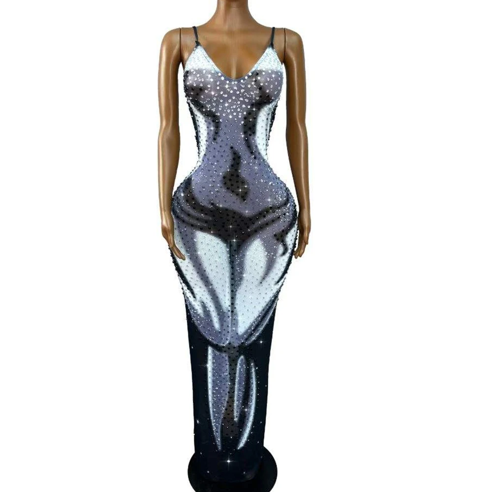 Sparkly Rhinestones Strap V Neck Long Dress Women Sexy Mesh See Through Evening Prom Celebrate Birthday Dress Photo Shoot Wear