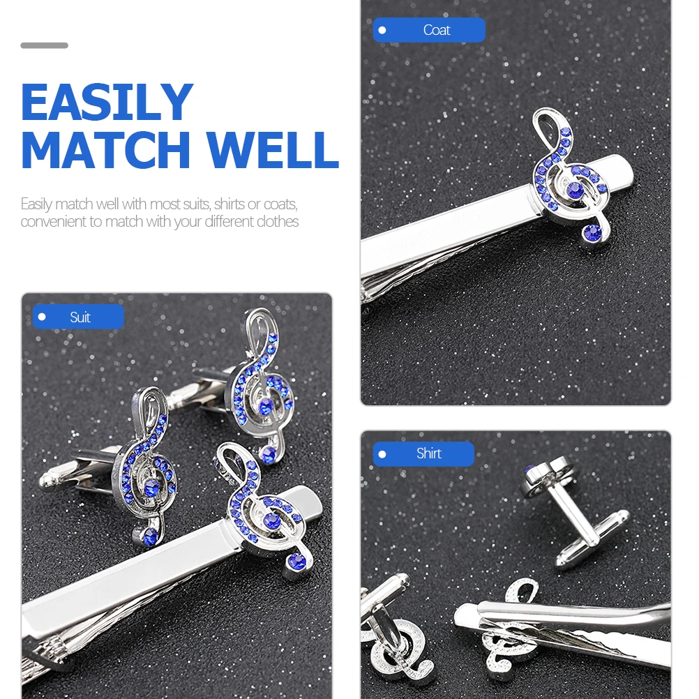 1 مجموعة الرجال زر الكم التعادل كليب قميص الأعمال حجر الراين الموسيقى ملاحظة ربطة العنق بار كليب الكلاسيكية اكسسوارات أنيقة للاجتماعات #2