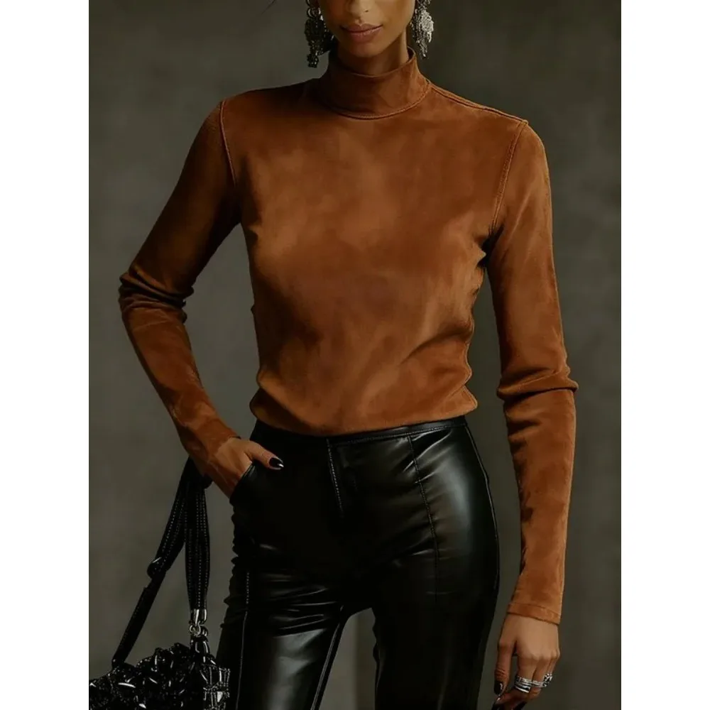 Greenora Women's Vintage Brown Suede Stand Collar Tops Solid Color Slim Fit Casual Elegant Basic T-Shirt For Spring Fall 2026 Ne