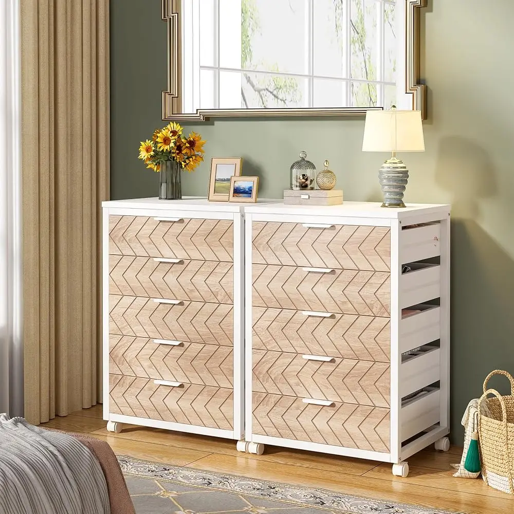 Lemari Arsip 5 Laci, Unit Laci Penyimpanan Bergerak Kayu, Kabinet Kantor Industri dengan Laci & Roda, Dudukan Printer Bergulir