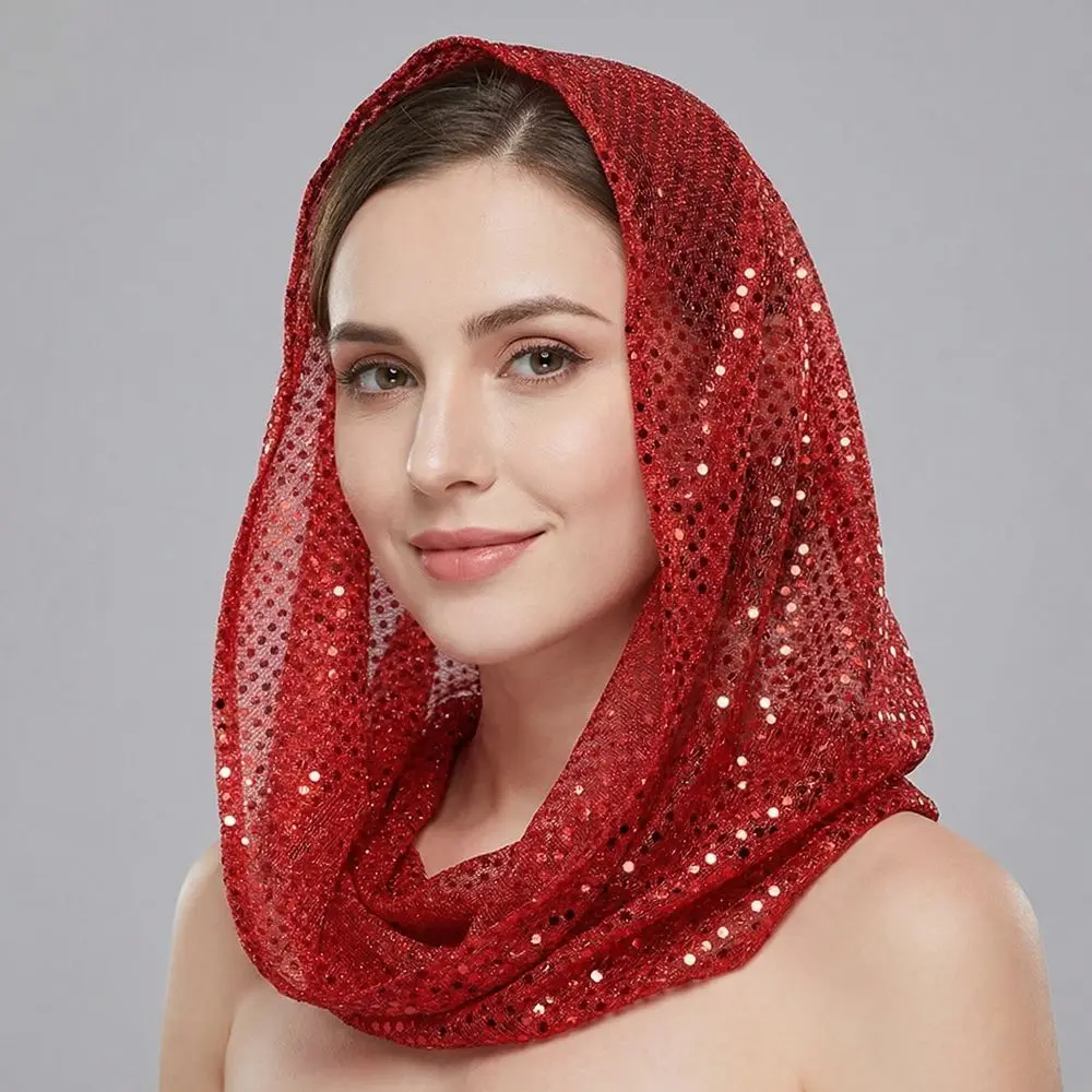

New Breathable Sequin Hooded Headscarf Solid Color Lightweight Glitter Turbante Scarf Polyester Hijab Sun Protection