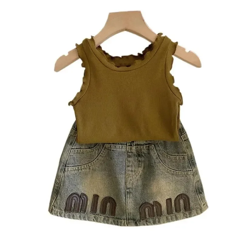 Girls' Clothing Set 2024 Summer Girl Baby Knitted Tank Top Letter Top Denim Skirt Two Piece Set for Children