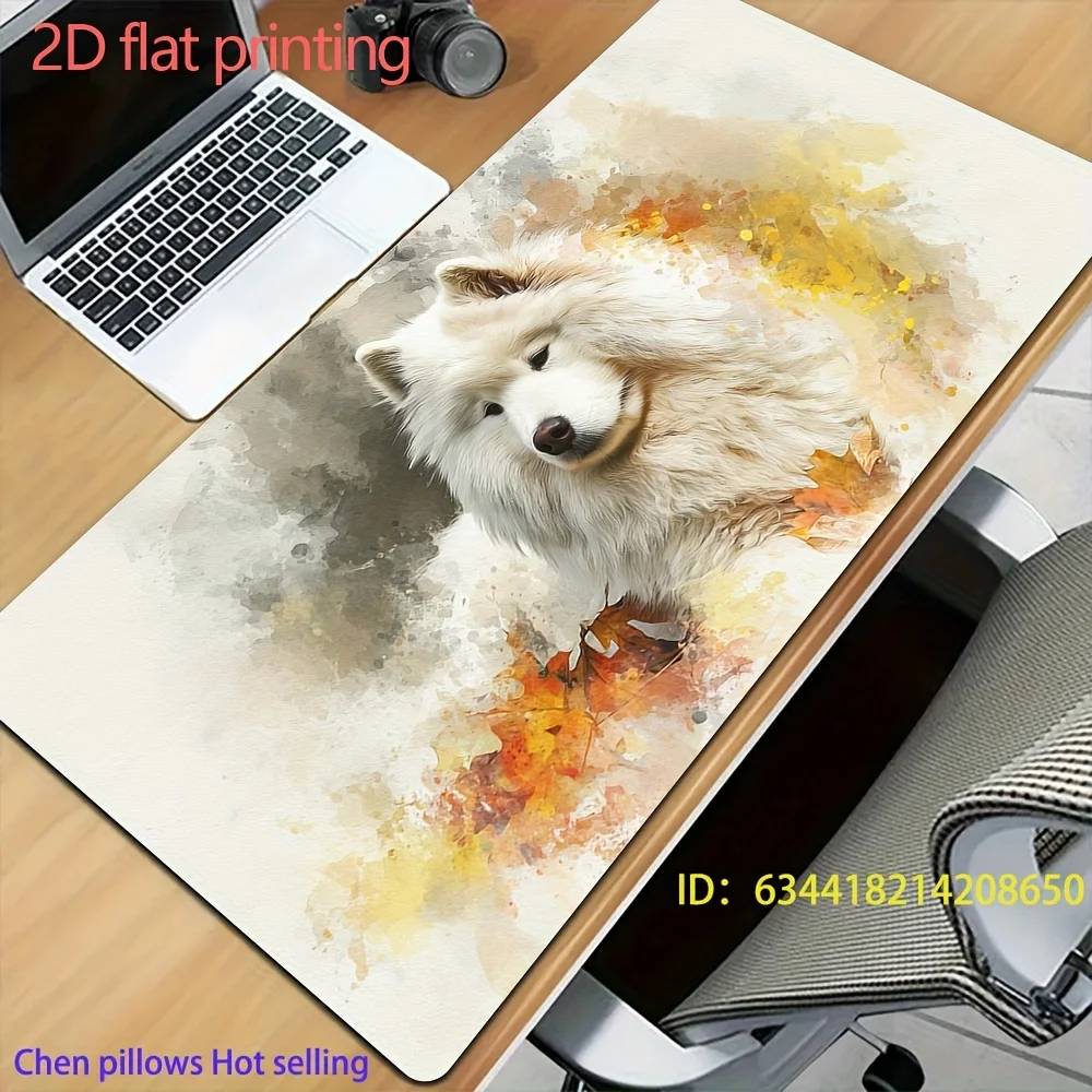 

Эстетичный пушистый коврик для стола с изображением самоеда, акварельный самоед и осенние листья, большой игровой коврик для мыши, декор для рабочего стола