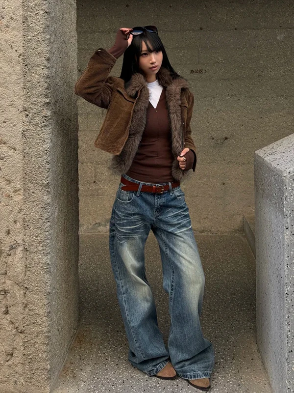 

Ретро-джинсы в американском стиле, с высокой талией, свободные, прямые, в пол, женские, осенне-зимние, модные джинсы Treenuts