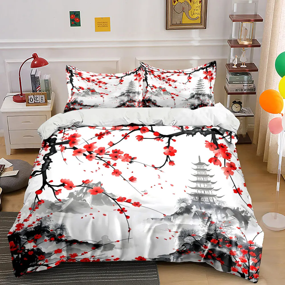 Red plum blossoms and elegant scenery Print Bedding set 3PC 1 duvet cover 2 pillowcases adult and children bedding set Luxury