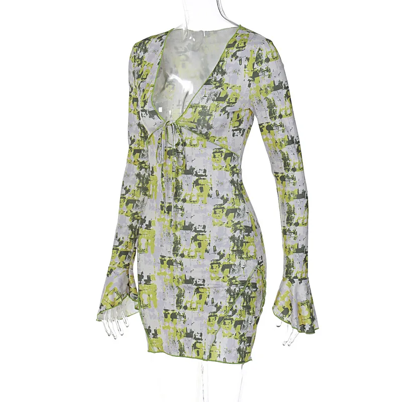 Robe rétro à imprimé floral pour femmes, Sexy, Y2K, décolleté en V profond, épissure, manches longues, bord à volants, Style court, enveloppant les hanches, nouvelle collection 2025