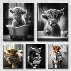 Funny Highland Cow On Toilet Wall Diamond Painting Rustic Farmhouse Style Diamond Mosaic Picture for Bathroom Room Home Decor