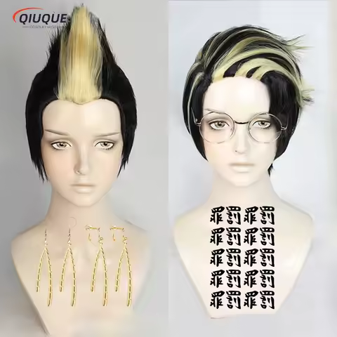 Anime Hanma Shuji Cosplay Wig Blond Black Heat Resistant Synthetic Hair Wigs + Tattoo Sticker + Earrings +WigCap